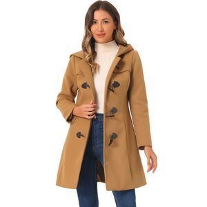 Winter Overcoat Mid-thigh Hooded Toggle Duffle Long Coat Camel
